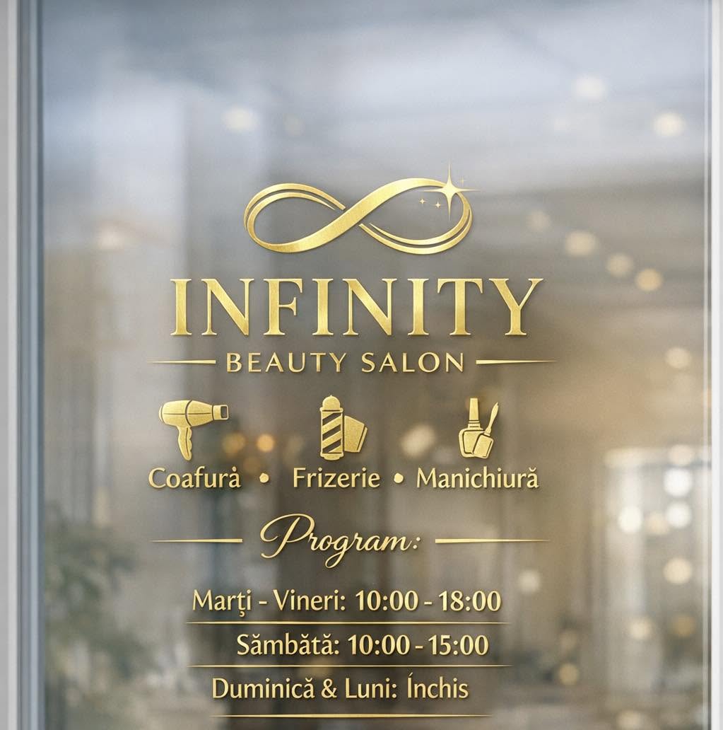 Vitrina salonului Infinity cu logo, servicii și program